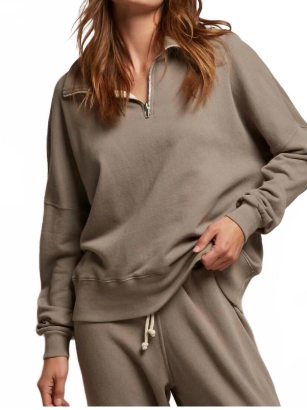 Perfectwhitetee Maren Half Zip top + Johnny Jogger SET Mocha Taupe USA cotton M